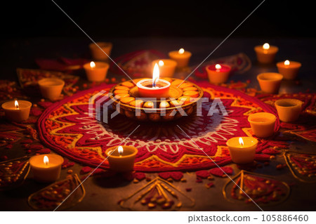 Lamps lit during diwali celebration. Lighting candles in rangoli patterns. AI generated Lamps lit during diwali celebration. Lighting candles in rangoli patterns. AI generated 105886460