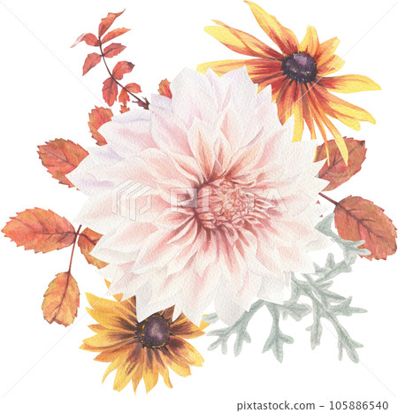 Bright composition of plant elements. Autumn flowers berries and leaves watercolor in vintage style. 105886540
