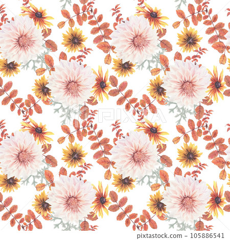Seamless pattern of hand-drawn watercolor autumn leaves, flowers and berries. 105886541