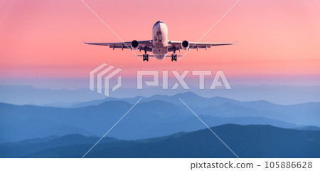 Plane is flying in pink sky at sunset. Passenger airplane 105886628