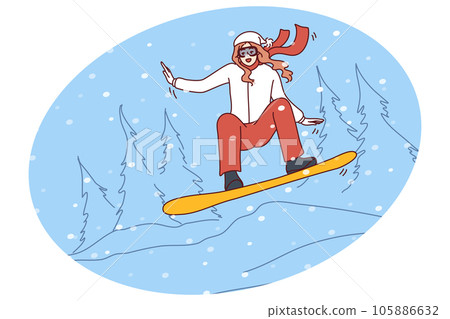 Happy woman snowboarding in mountains Happy woman snowboarding in mountains 105886632
