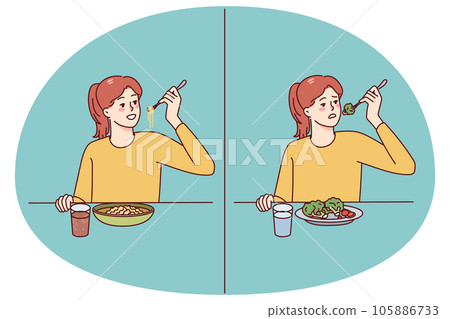 Girl eating healthy and unhealthy food Girl eating healthy and unhealthy food 105886733