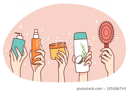 Hands holding diverse cosmetic bottle 105886743