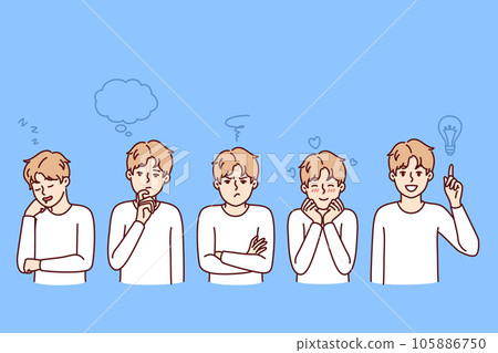 Little boy with different emotions and moods looks at screen showing joy or sadness 105886750