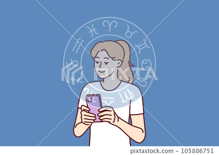 Woman reads astrological horoscope forecast on phone or finds out compatibility with zodiac signs 105886751