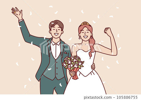 Wedding bride and groom with bouquet waving hand during festive marriage ceremony Wedding bride and groom with bouquet waving hand during festive marriage ceremony 105886755