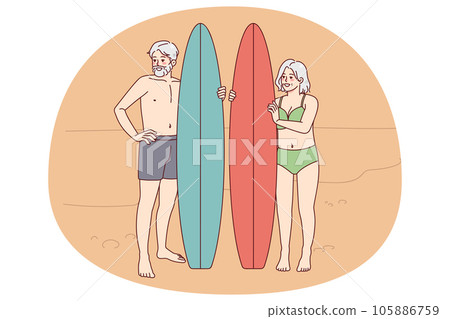 Happy mature people with surfboard 105886759
