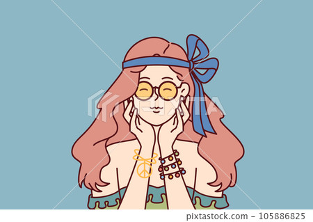 Woman fan of hippie subculture, personifying ideas of peace and fight against war 105886825