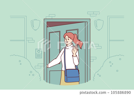 Woman enters house opening door and turning around to wave goodbye and wish good luck 105886890
