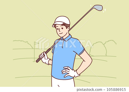 Man with golf club on shoulder smiles standing in golfers park after successfully completing holes Man with golf club on shoulder smiles standing in golfers park after successfully completing holes 105886915