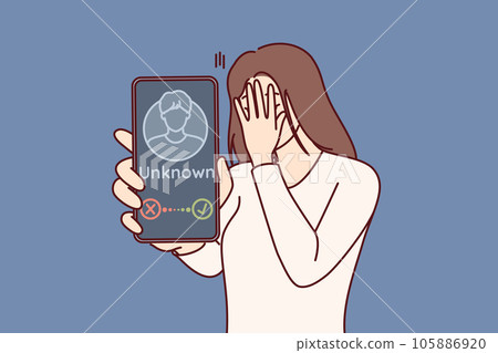 Woman receives phone call from anonymous stalker and shows smartphone screen covering face with hand 105886920