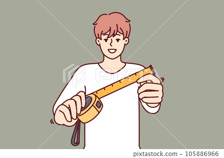 Man with measuring tape offers to find out exact size room to start repairing or building 105886966
