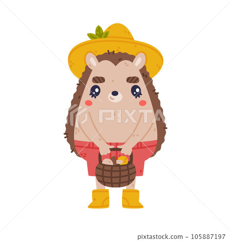 Cute Hedgehog Character in Hat and Shorts Hold Basket with Mushroom Vector Illustration Cute Hedgehog Character in Hat and Shorts Hold Basket with Mushroom Vector Illustration 105887197