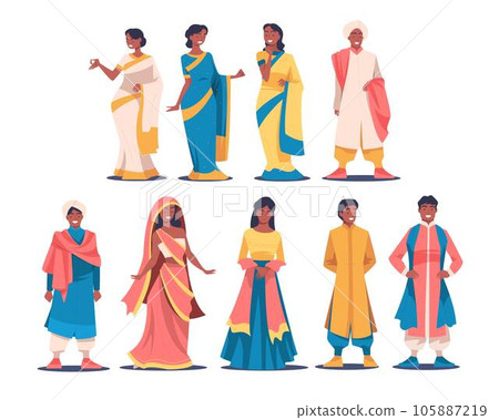 Hindus People Characters in National Costume in Standing Pose Vector Set 105887219