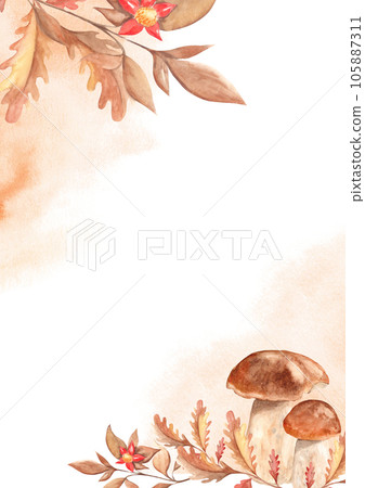 Floral autumn card template with porcini mushrooms, oak leaves and branch with red flower, orange watercolor splashes. Forest hand drawn botanical illustration. For save the date, greeting birthday 105887311