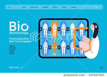 Bio Technology, Cryocapsule Time Freezer -modern flat vector concept illustration of futuristic cryocapsules resembling frozen time vaults. Metaphor of preserving life, time through cryonic technology 105887985