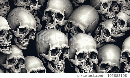 Skulls seamless pattern on black background. Black and white illustration. selective focus. Generative AI 105888108