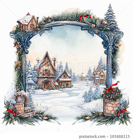 Winter village landscape. Watercolor hand drawn... - Stock Illustration ...