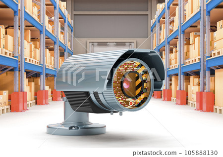 Security camera in storehouse. Security and protect of delivery. 3D rendering 105888130