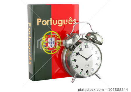 Portuguese language textbook with alarm clock. Time to learn Portuguese language, 3D rendering 105888244