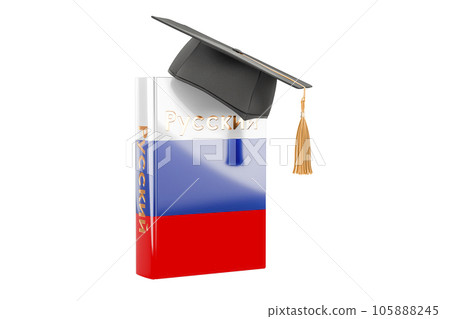 Russian language textbook with graduation cap. Learn Russian language, classes. 3D rendering Russian language textbook with graduation cap. Learn Russian language, classes. 3D rendering 105888245