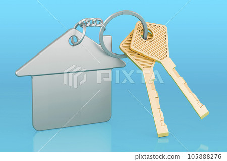 Home key with keychain on blue background, 3D rendering 105888276