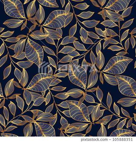 Luxury Blue and Gold Flower Pattern. Hand Drawn Seamless Floral Pattern for Fashion, Wallpaper, Wrapping Paper, Background, Fabric, Textile, Apparel, and Card Design 105888351