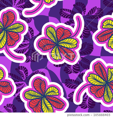 Seamless Floral Pattern in Retro 90s Style. Cute Botanical Contemporary Pattern. Trendy and Groovy Graphics for Fashion, Wallpaper, Wrapping Paper, Background, Print, Fabric, Textile and Apparel 105888403
