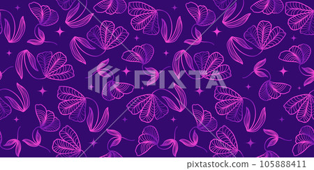 Exotic Floral Pattern with Hand Drawn Style in Purple Gradient. Flower Motif for Fashion, Wallpaper, Wrapping Paper, Background, Fabric, Textile, Apparel, and Card Design 105888411