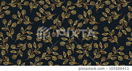 Gold Flower Pattern with Hand Drawn Style. Seamless Exotic Floral Pattern for Fashion, Wallpaper, Wrapping Paper, Background, Fabric, Textile, Apparel, and Card Design Gold Flower Pattern with Hand Drawn Style. Seamless Exotic Floral Pattern for Fashion, Wallpaper, Wrapping Paper, Background, Fabric, Textile, Apparel, and Card Design 105888413