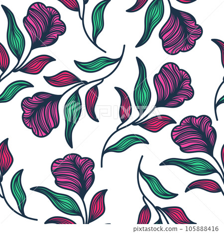 Exotic Seamless Flower Pattern with Vintage Style. Hand Drawn Floral Motif for Fashion, Wallpaper, Wrapping Paper, Background, Fabric, Textile, Apparel, and Card Design 105888416