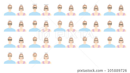 Set of Geometric frame glasses on women and men flat character fashion accessory illustration. Sunglass front view 105889726