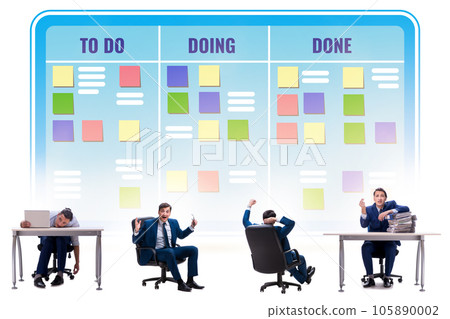 Businessman working on kanban board with tasks 105890002