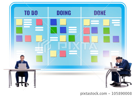 Businessman working on kanban board with tasks 105890008
