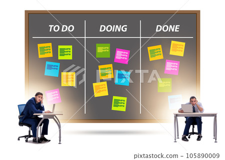 Businessman working on kanban board with tasks 105890009