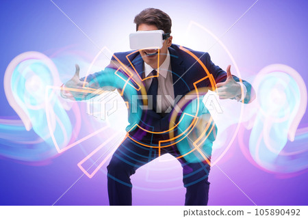 Virtual reality concept with man and VR goggles Virtual reality concept with man and VR goggles 105890492