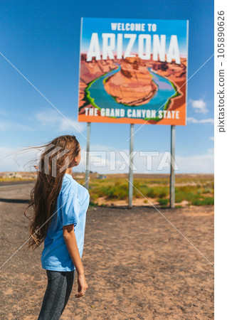 Welcome to Arizona road sign. Large welcome sign greets travels in Paje Canyon, Arizona, USA Welcome to Arizona road sign. Large welcome sign greets travels in Paje Canyon, Arizona, USA 105890626
