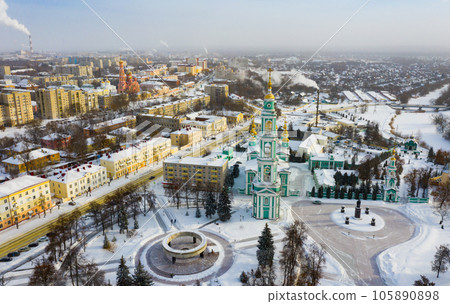 Aerial view of the Spaso-Preobrazhensky Cathedral and residential buildings in Tambov Aerial view of the Spaso-Preobrazhensky Cathedral and residential buildings in Tambov 105890898
