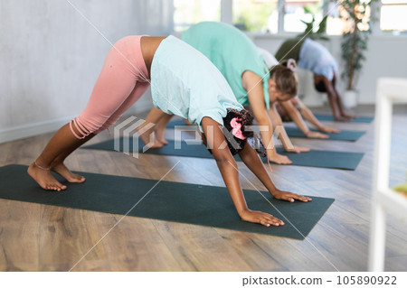 In studio with group of friends African girl stand perform dog face down - Adho Mukha Shvanasana In studio with group of friends African girl stand perform dog face down - Adho Mukha Shvanasana 105890922