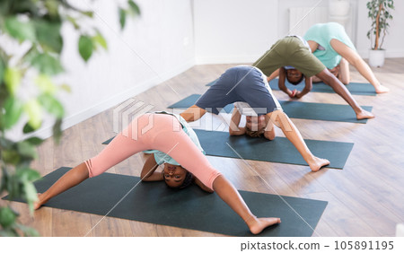 Kids doing prasarita padottanasana exercise on yoga mats. 105891195