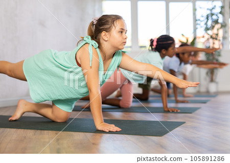 In sport studio with group of friends girl stand in bird dog pose, dandayamana hanumanasana 105891286