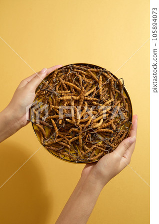 Scene for advertising cordyceps with minimal style. Two female hands holding a round tray of cordyceps on a dark beige background. With anti aging effects, cordyceps is used in many beauty products 105894073