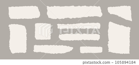 Set of torn paper pieces. Beige shapes with jagged uneven edges. Ripped different fragments collection. Textured grunge element bundle for collage, text box, banner, sticker, poster. Vector 105894184