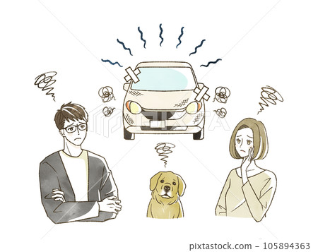 A man and a dog who are troubled by an old car 105894363