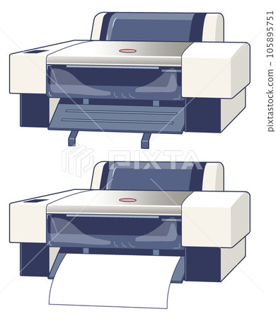 Two types of printer illustrations [in operation, large size, printing, paper feeding, output] 105895751