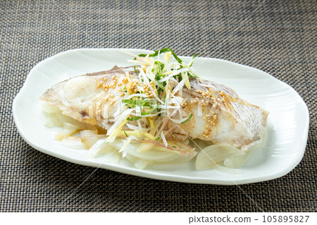 Chinese style steamed sea bream fish. 105895827