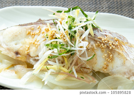 Chinese style steamed sea bream fish. 105895828