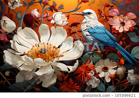An illustrated picture of a blue bird next to a white flower and other colored flowers. Many more are included in the picture. for making wallpapers on nature topics An illustrated picture of a blue bird next to a white flower and other colored flowers. Many more are included in the picture. for making wallpapers on nature topics 105896621