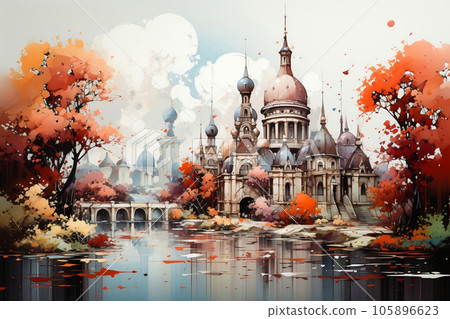 Illustrated image of a palace, castle, museum, in autumn, on the waterfront, with a bridge with arched columns at its base. Trees have red and orange leaves that fall on the grass and water. Illustrated image of a palace, castle, museum, in autumn, on the waterfront, with a bridge with arched columns at its base. Trees have red and orange leaves that fall on the grass and water. 105896623
