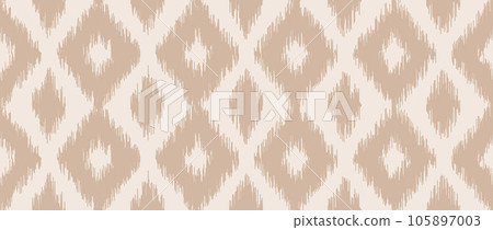 Seamless beige ikat pattern. Ethnic diamond monochrome repeating background. Ornamental tribal fabric and textile swatch print design. Vector light brown asian folk abstract wallpaper Seamless beige ikat pattern. Ethnic diamond monochrome repeating background. Ornamental tribal fabric and textile swatch print design. Vector light brown asian folk abstract wallpaper 105897003